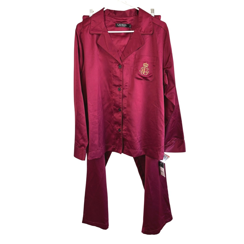 Lauren Ralph Lauren Pajama Set Burgundy Womens Large Satin Long Sleeve New